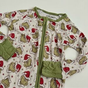 June + Grey Baby Christmas Zip Romper 6-12M | Bamboo Holiday Grinch Pajamas